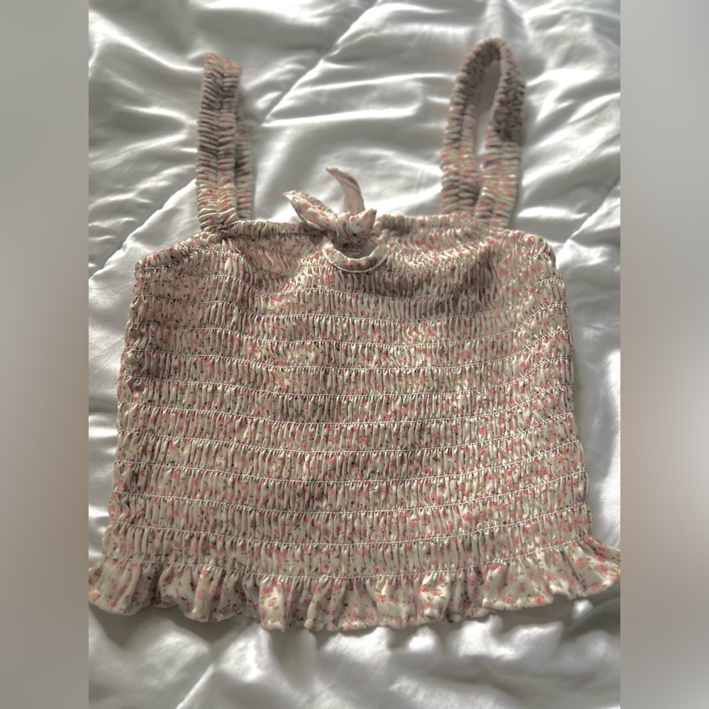 ribbed pink and white with flowers crop top